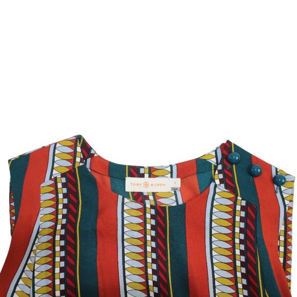 Tory Burch Julia Oceano Aztec Stripe Shoulder Button Detail Silk Dress Size 8 - Picture 10 of 10